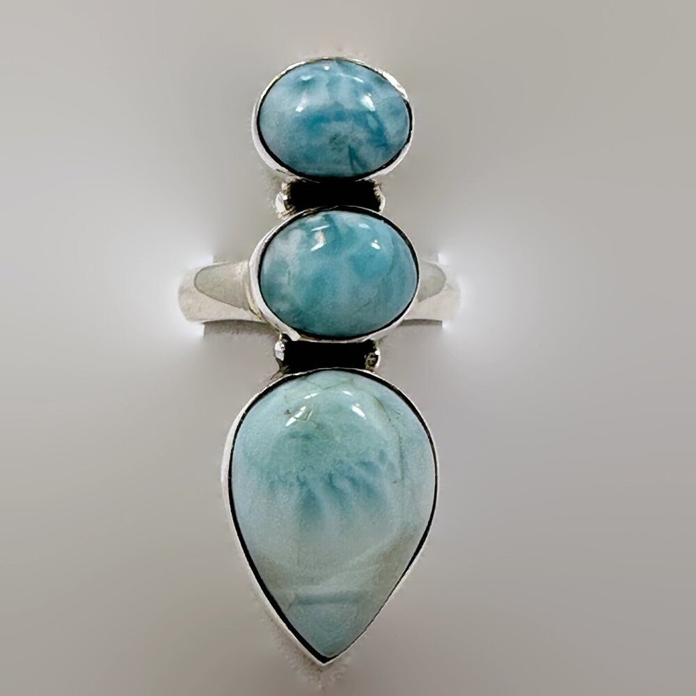 Handcrafted Larimar Sterling Silver Ring: Triple Stone Size 5.5 - Picture 2 of 5